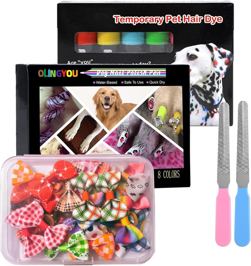 OLINGYOU Pet Grooming Kit- 6 Colors Washable Dog Hair Dye Markers, 8 Colors Nail Polish, 20 PCS Cute Dog Bowknot Hair Bows ,Dog Beauty Care Supplies for Safe & Fun Styling,Birthday Gifts to PET Lovers Set - Image 1